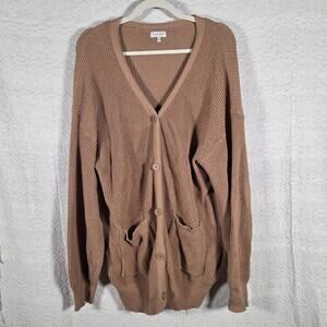 Qualfort Cotton Cardigan Sweater Women’s Large Brown Waffle Knit Button Front